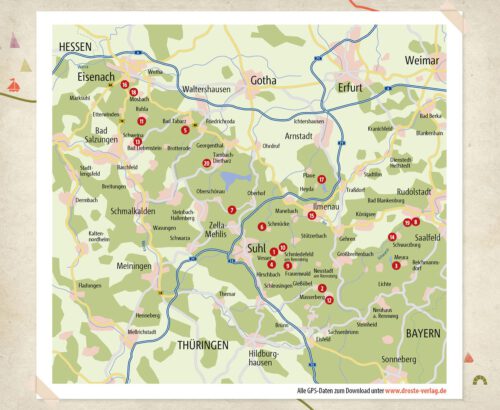 Übersichtskarte der 20 Wanderungen für Seele im Thüringer Wald